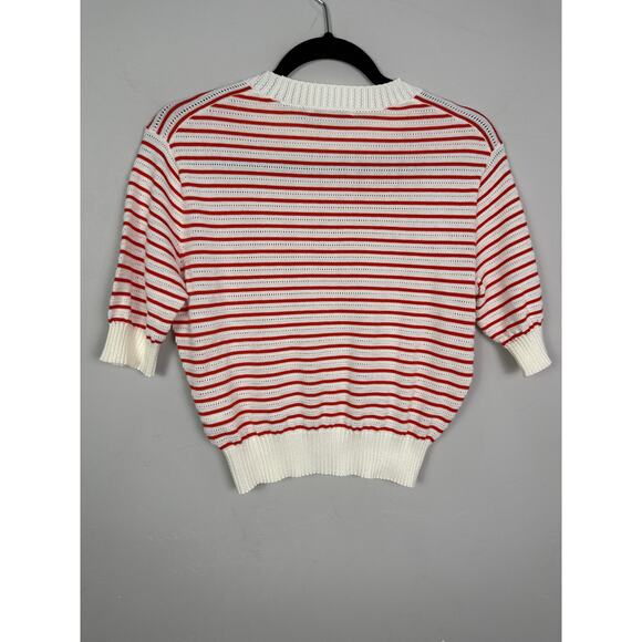 Madewell NWT Women’s Red Cream Striped Textural Stitch Cotton Sweater size XS - Picture 6 of 9